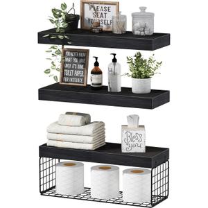 QEEIG Black Bathroom Shelves Over Toilet Wall Mounted Floating Shelves Farmhouse Shelf Toilet Paper Storage Small 16 inch Set of 3 (019-B3)