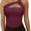 REORIA Womens Sexy One Shoulder Asymmetrical Tank Top Leopard Print Mesh Ruched Sleeveless Backless Trendy Going Out Thong Bodysuits Tops Burgundy Small
