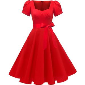 GOOBGS Women's 1950s Vintage Puff Sleeves Cocktail Rockabilly Swing Retro Dress with Pockets, M