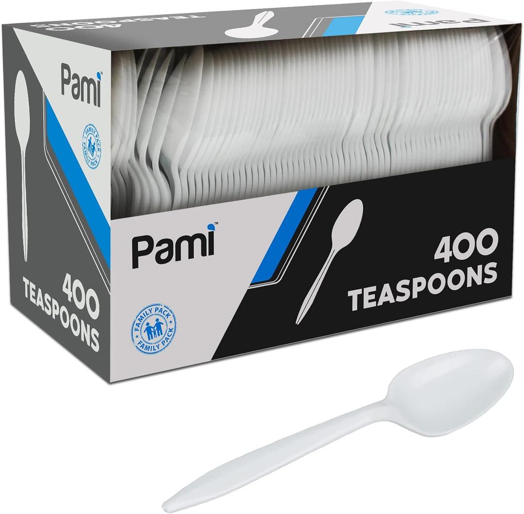 PAMI 400-Pack Medium Weight Disposable Plastic Teaspoons, Bulk Utensils for Parties, Weddings, Catering, Plastic Forks in Bulk  (Teaspoons White)