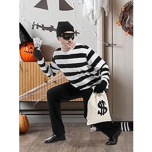 3 Pieces Halloween Costume Set, Men's Robber Costume Halloween Cosplay Burglar Accessories Striped Shirt for Adult,Size XL