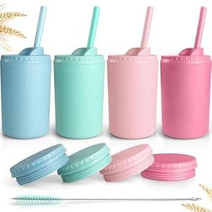 Teivio 4 pcs 10 oz Wheat Straw Kids/ Toddler Cups with Lid and Straws, Reusable Spill proof cups for Kids, Unbreakable plastic cups with Silicone Straws &Cleaning Brush, Dishwasher Safe, Sparkle