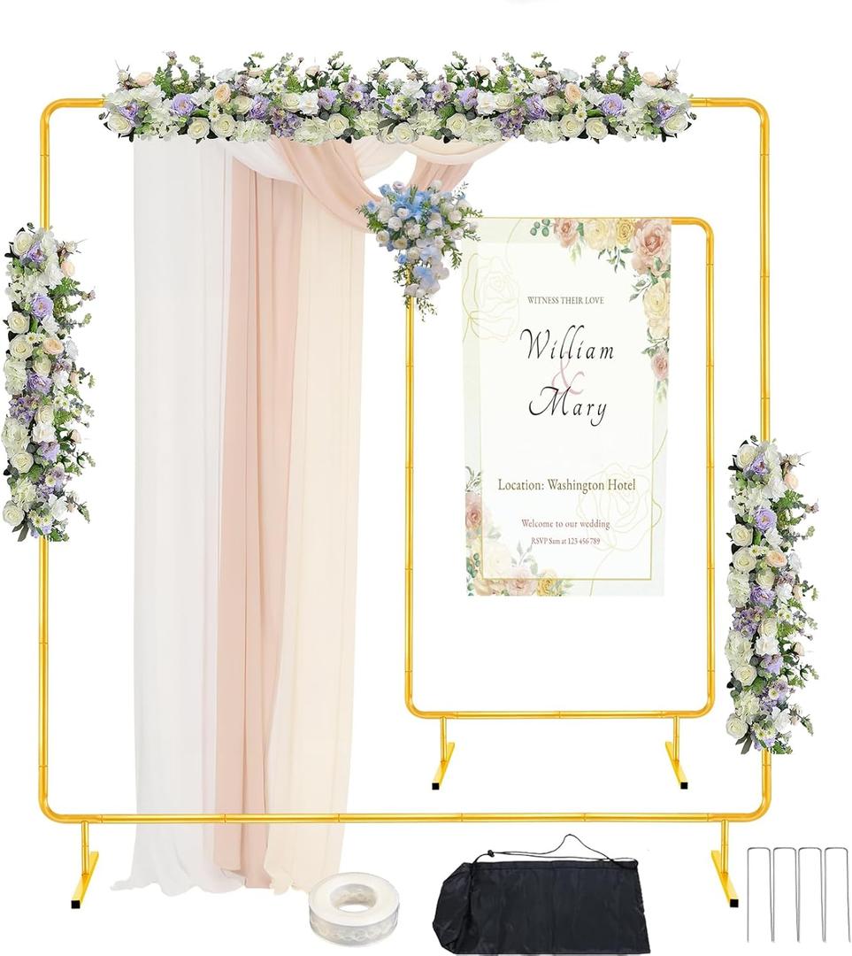 Antizz 6.6FT Square Wedding Balloon Arch Stand, Backdrop Stand for Parties, Gold Metal Rectangular Background Arch Frame for Ceremony Birthday Anniversary Bridal Graduation Decoration (Glod)