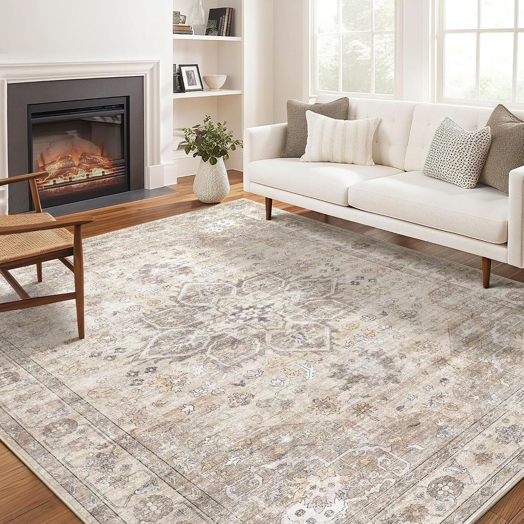 Area Rug for Living Room - 10X12 Soft Washable Vintage Floral Distressed Large Carpet - Fade Stain Resistant Non Slip Rugs for Bedroom Dining Room Nursery Dorm Office Home Decor - Camel