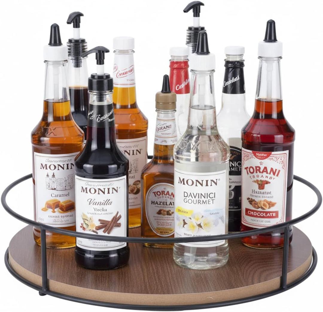 Rotating Coffee Syrup Organizer, 6 Bottle Wood Syrup Rack, Metal Syrups Holder for Countertop, Turntable Wine Display Tray, Coffee Station Bar Accessories & Essentials