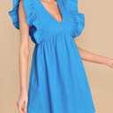 FANCYINN Women's Summer Casual Babydoll Mini Dress Ruffle Sleeveless Deep V Neck Pleated Swing Flowy Tunic Dress (Blue, M)