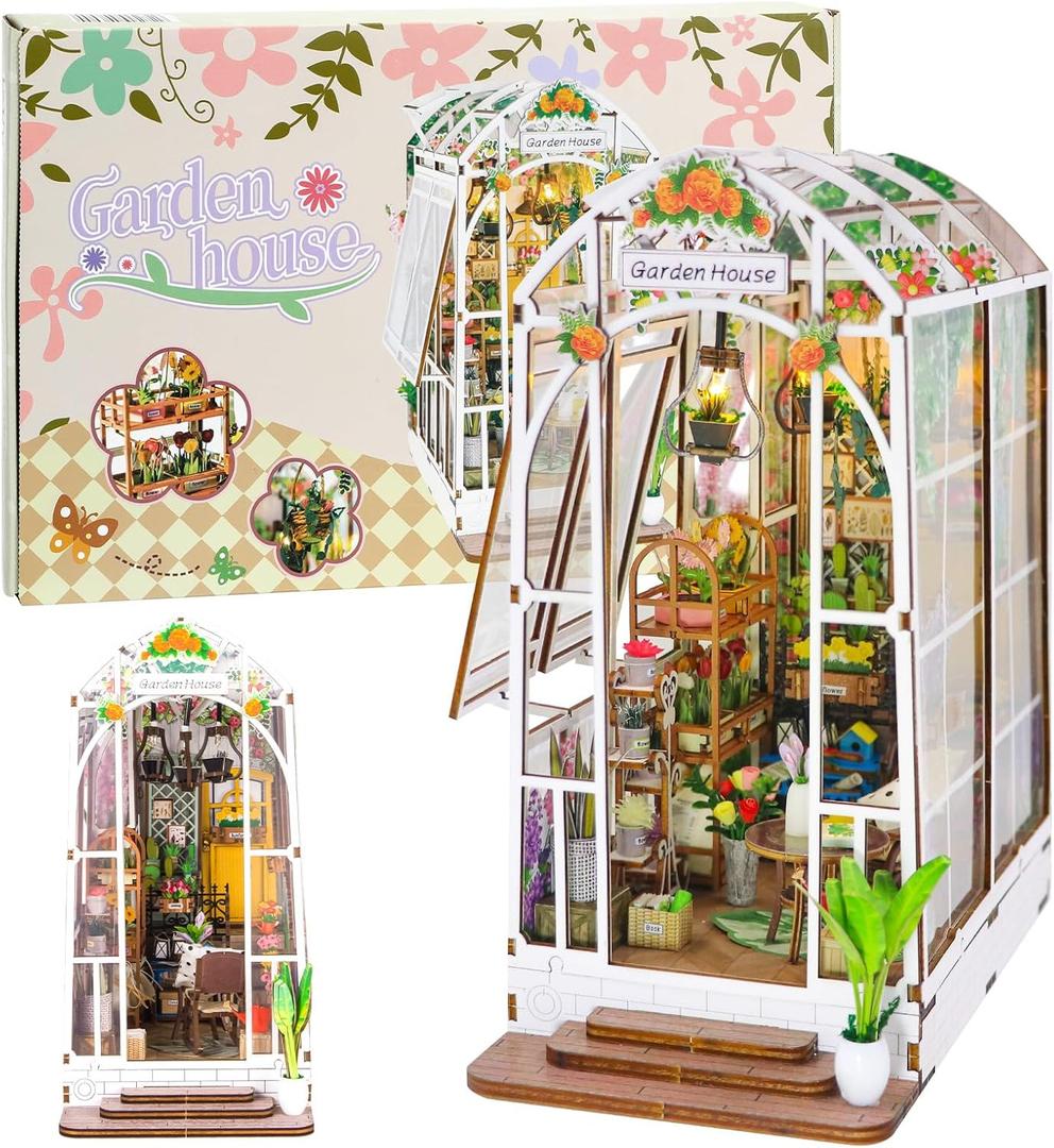 Book Nook Kit for Adults, Miniature House Kit Doll House DIY Crafts for Adult Teen, Tiny House Bookshelf Decor with LED Light, 3D Puzzle Book Ends Garden House Birthday Gift for Women Friends