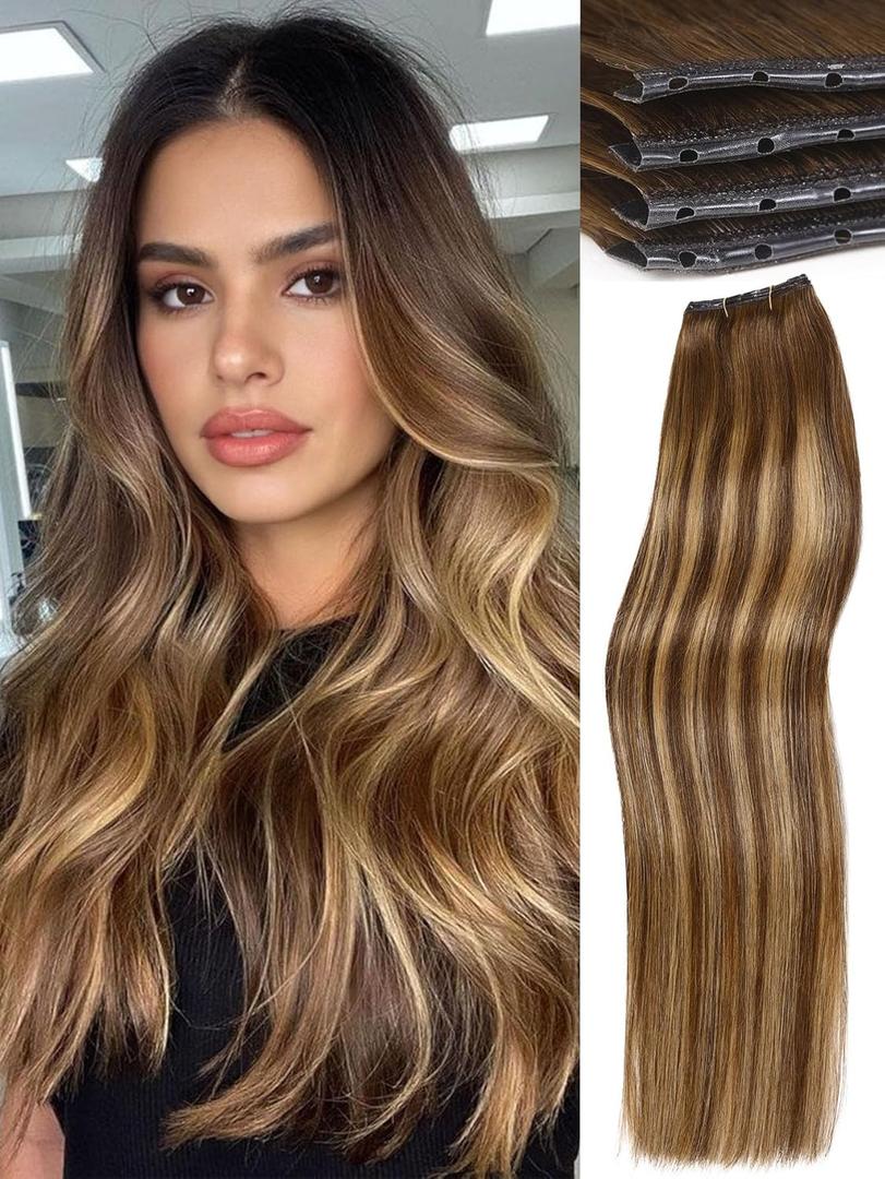 WIGNEE New Double Layered PU OVO Hair Extensions Blonde Ombre Straight Human Hair weft with beads 100% Real Human Hair Extensions 18 Inch Seamless Micro Beads Human Hair Extensions Glueless (9A/60)