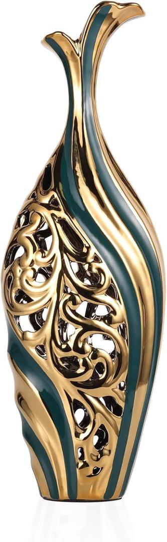 19 inch Tall Floor vase, Green and Gold Ceramic vase, Pottery Decorative vase, Unique Pampas Grass vase Suitable for Living Room Floor, Home Office, Porch Home Centerpiece Decorative Large vase