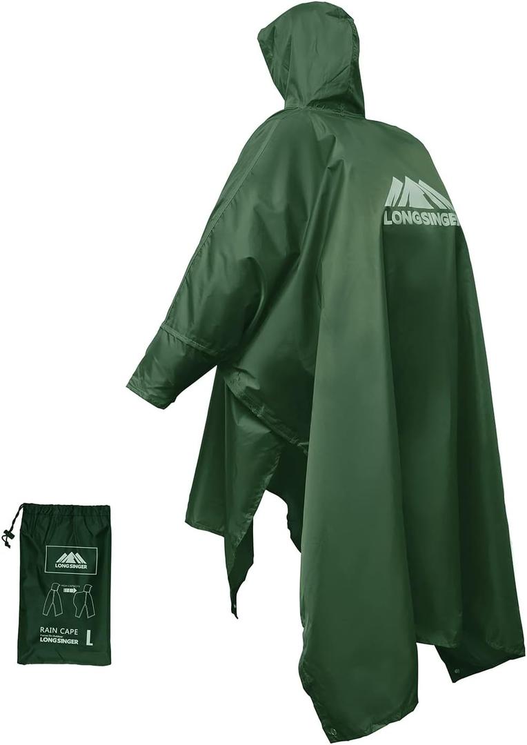 longsinger Rain Poncho for Adult, Waterproof Rain Poncho with Hood and Sleeve, Ideal for Hiking, Hunting, Camping (Large Tall, Olive Green)