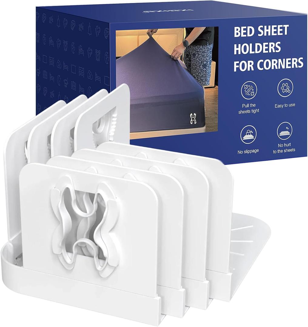 Bed Sheet Holders Lock for Corners - Mattress Sheet Corner Holders Keep Firm Tight in Place Set of 4 (White)