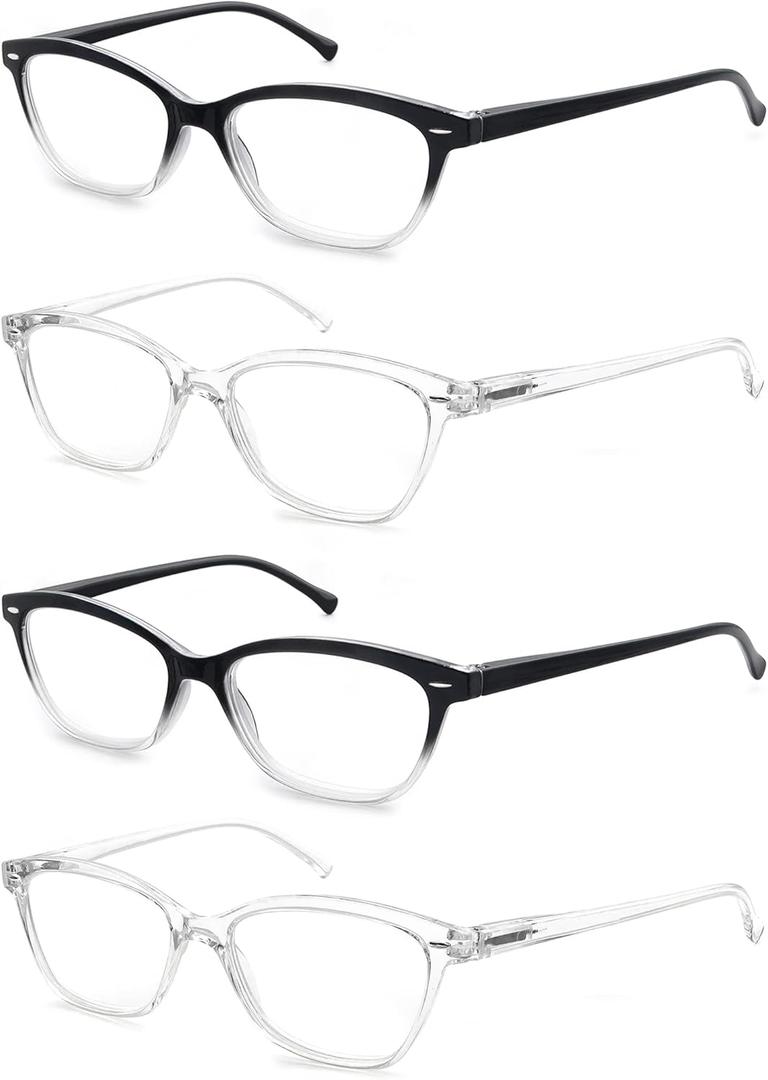 4 x Reading Glasses Womens Ladies Readers +2.00 Stylish Women's Magnifying Cheaters Glasses 4 Pack Lightweight Comfortable Fit (Black,Clear Frames)