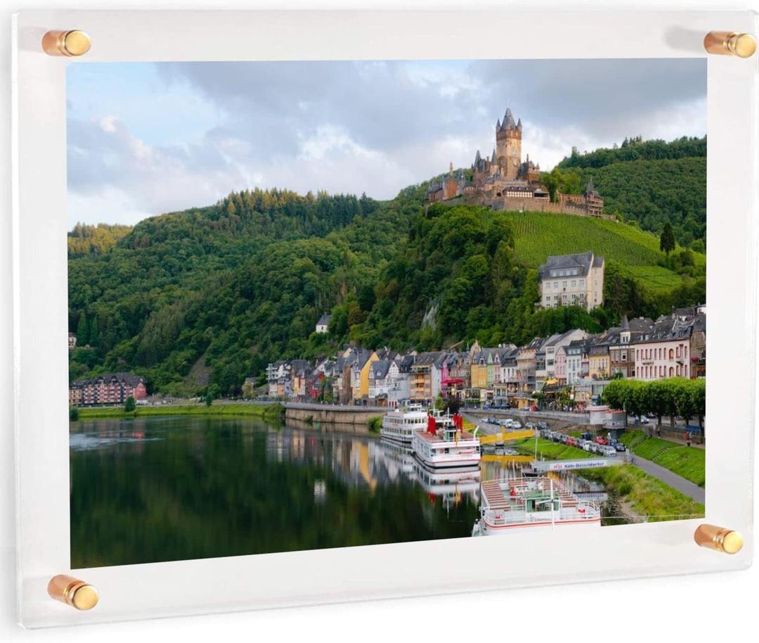 (16" x 20") Clear Acrylic Wall Mount Floating Picture Frame with (Gold Standoffs) Frame-less Double Panel Plexiglass Display for Photos Artwork Posters Paintings (Full Frame is 19" x 23")