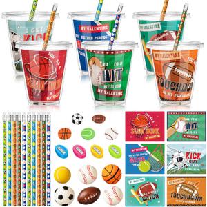 Zonon 180 Pcs Valentine's Day Gifts for Kids Valentines Stationery with Cards Mini Squeeze Favors and Cups Classroom Exchange Gift for Boy Girl Party Exchange Prizes Favors (Sport Ball)