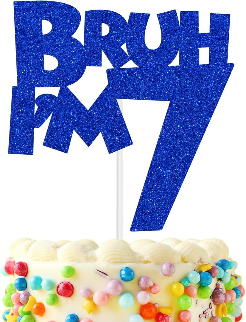 Blue Glitter Bruh I'm 7 Cake Topper, It's My Birthday Bro, Cheers to 7 Years/Hello 7 for Big Brother, Happy 7th Birthday Party Decorations Supplies for Kids Boys
