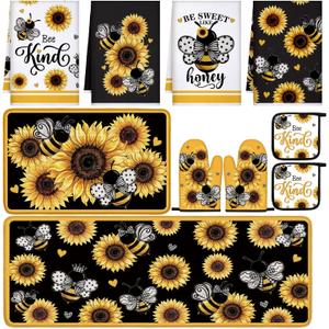 Fourluoo 10 Pcs Sunflower Kitchen Accessory Bee Oven Mitts and Pot Holder Set Retro Black Dish Towel Summer Rugs Mats Farmhouse Kitchen Accessories for Chef Baking Cooking Grilling BBQ Women Home Gift