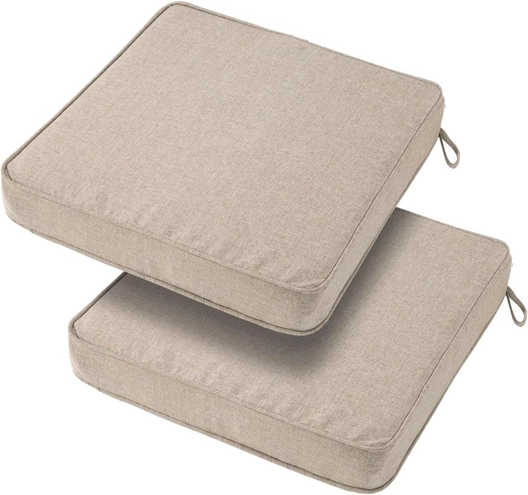 18x18x3 Inch Outdoor Square Corner Chair Cushions with Ties Set of 2, Water&Fade Resistant Thick Seat Cushion Pads for Garden Patio Dining Porch Furniture - Beige Linen