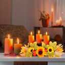 Thanksgiving Dining Table Centerpiece with 3 Wick Candle Holders Fall Candelabra Centerpiece Harvest Autumn Fall Decorations Holiday Candleabrum Decorated with Sunflower Blooms Pumpkin Maple Leaves