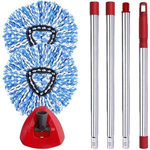 ANREKEYH Spin Mop Head, Base, Handle Replacement for O-ceda EasyWring RinseClean Microfiber Spin Mops, 2 Microfiber Mop Refills, 1 Triangle Head Cover and 30-58in Handle (Blue (2-Tank System))