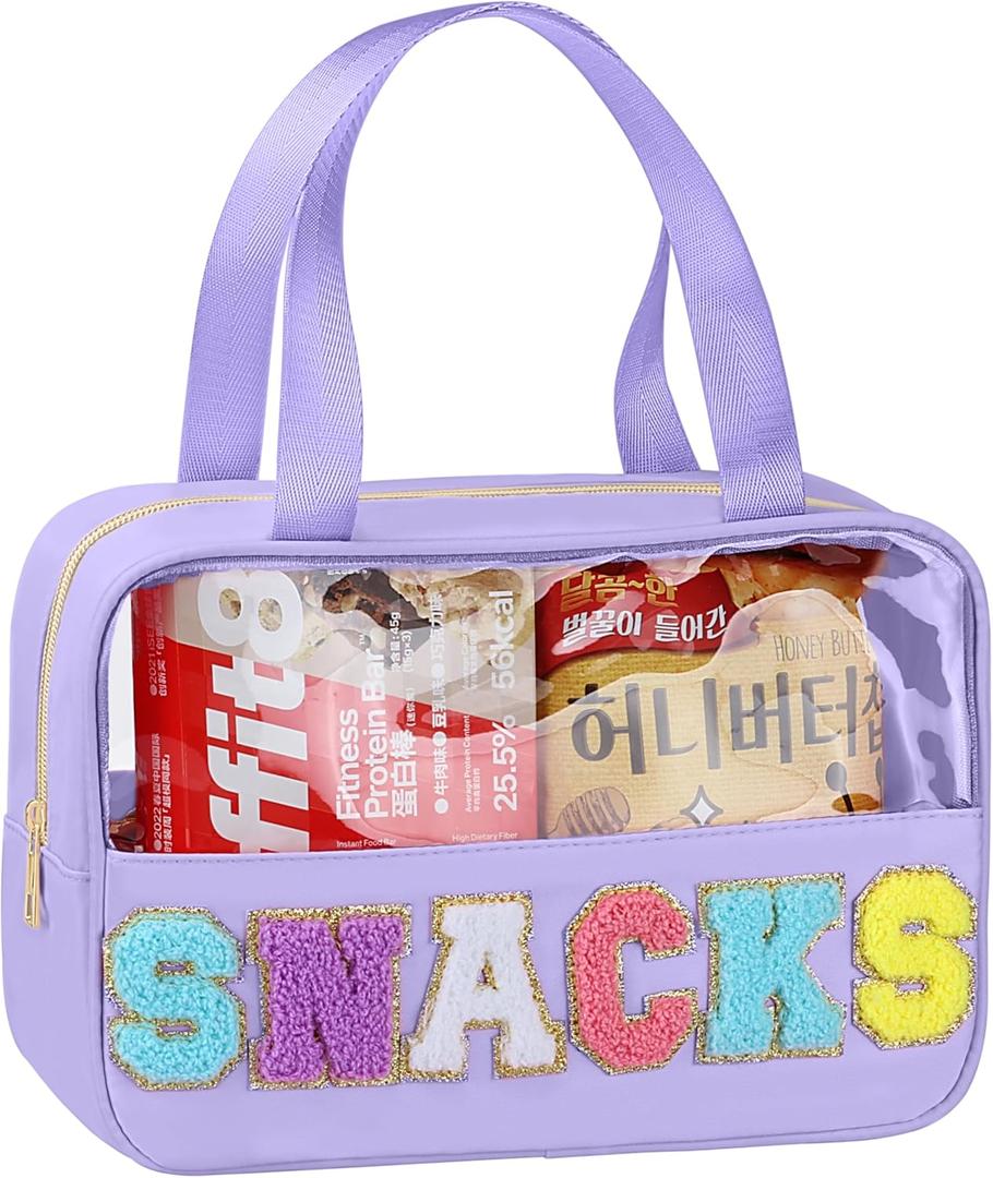 Snack Bag for Travel - Chenille Letter Clear Makeup Bag, Large Preppy Patch Snack Cosmetic Bag with Handle and Zipper, Cute Makeup Pouch Nylon&PVC Waterproof Toiletry Organizer Storage for Women Girls