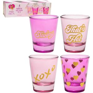 Paris Hilton 4-Piece Shot Glass Set, Fun Decals on Every Glass, 2-Ounce, Hot Pink and Light Pink