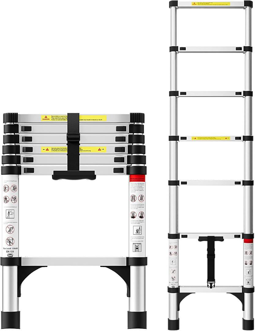 Telescoping Ladder 6.5 FT, Aluminum Extension Ladder with Triangular Stabilizers, 330 lbs Capacity, Portable Collapsible Ladder for RV, Home; Silver