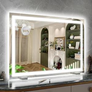 32x 22 Inch Large Lighted Vanity Mirror with Dimmable 3 Modes, LED Makeup Mirror for Bathroom ＆ Dressing Room, Tabletop or Wall-Mounted, White