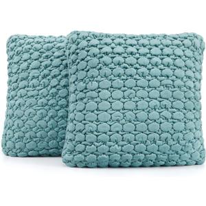 Throw Pillow Covers 18x18 Set of 2 Velvet Square Pillowcase Soft Skin-Friendly Thickened Decorative Farmhouse Cushion Covers Soft Bubble Texture for Couch Bedroom Living Room,Blue Green