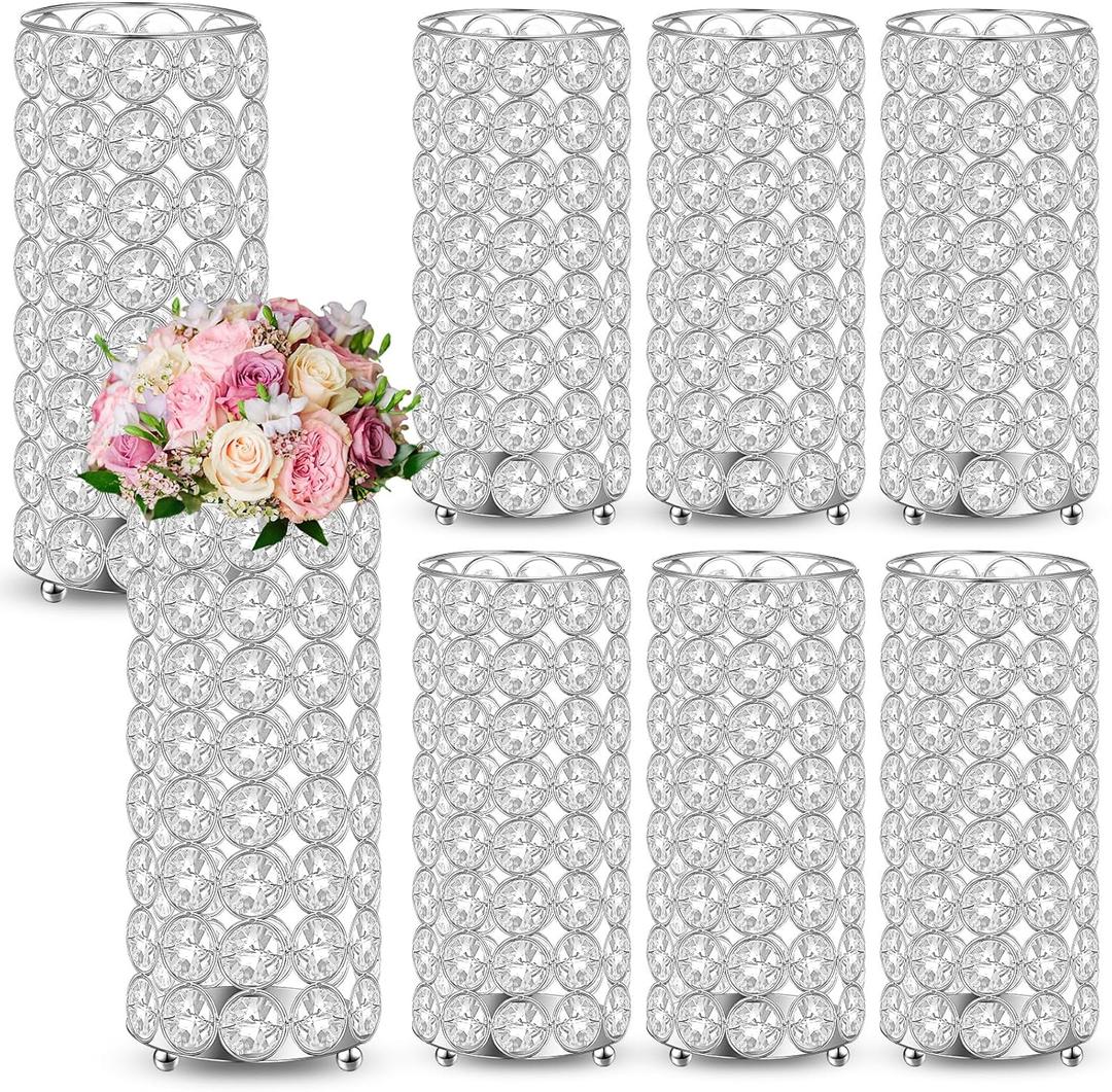 Dandat 8 Pcs Crystal Flower Vase for Wedding Table Centerpieces 7.87 in Crystal Pillar Candle Holder Metal Cylinder Flower Vase Stand for Wedding Decor Gifts Arrangement Event(Silver)