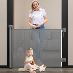 Babepai Baby Gate for Stairs No Drill, Punch Free Retractable Baby Gates Extends to 54" Wide 34" Tall, Reractable Dog Gate for Doorways, Stair Gate for Outdoor, Indoor, Hallways, Deck, Porch (34" Tall x 54" Wide-No Drilling, A-grey)