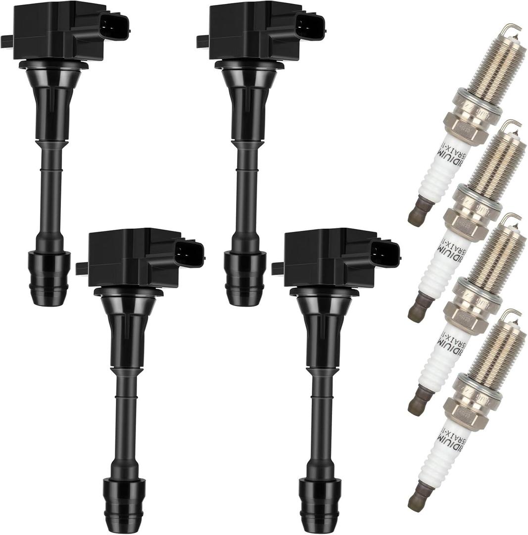OCPTY Ignition Coil Pack and Spark Plugs Fits 2002-2006 for Nissan Altima 2.5L/L4,2002-2006 for Nissan Sentra 2.5L/L4#UF350 Set of 4 Ignition Coils with 4 Iridium Spark Plugs 3-Pins