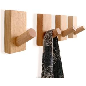 Wood Pack of 4 Decorative Wall Hooks for Hanging Coats - Perfect Backpack Hanger, Hat Hooks for Wall - Each Heavy Duty Holds 6lbs-33lbs (Beech, 4Pack) (Beige)