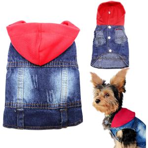 SILD Pet Clothes Dog Jeans Jacket Cool Blue Denim Coat, Dogs Lapel Vests Classic Hoodies Puppy Blue Vintage Washed Clothes (Red,M)
