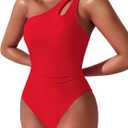 Women One Shoulder One Piece Swimsuit Tummy Control Bathing Suits Modest Full Coverage Cutout Swimwear (Red, XL)