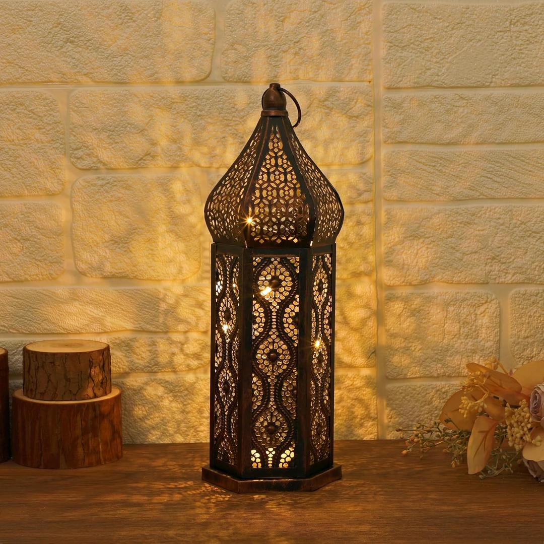 Moroccan Style Temple Hollow Iron Lantern, Vintage Ramadan Lamp Home Decoration Lights Ornaments,Hanging Metal Candle Holders Battery Operated for Table Indoor Decor13.4 Inch Copper