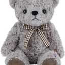 Classic Fluffy Teddy Bear Plush Toys Stuffed Animals with Vintage Lattice Tie for Kids Babies Birthday Bedtime, 11.8 inches Gray