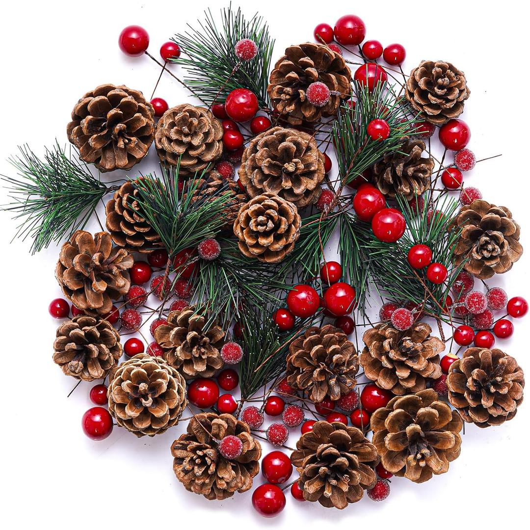 cnomg 150pcs Artificial Pine Cones Pine Branch Set Fake Natural Pinecones Acorns Red Berries Christmas Decor Ornaments for Home Winter Decorations