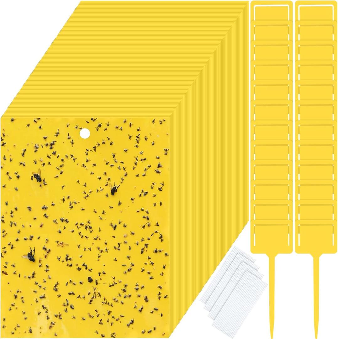 Qualirey 150 Pcs 6 x 8 Inch Sticky Traps for Gnats Dual Sided Fruit Fly Sticky Traps for Indoor and Outdoor Plant with Twist Ties and Plastic Holders for Flying Plant Insect, Fungus Gnats (Yellow)