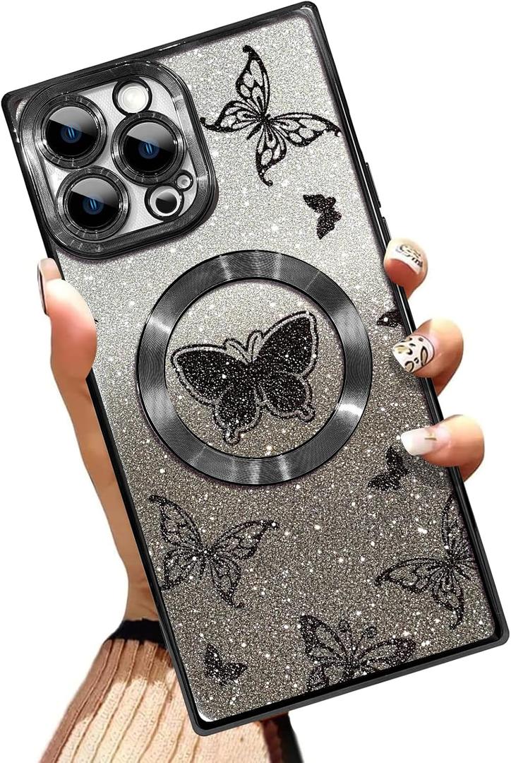 AIGOMARA Phone Case for iPhone 15 Pro Max [Compatible with MagSafe] Butterfly Design Soft TPU Glitter Bling Case Shockproof Scratch-Resistant Cover for Women Girls - Black