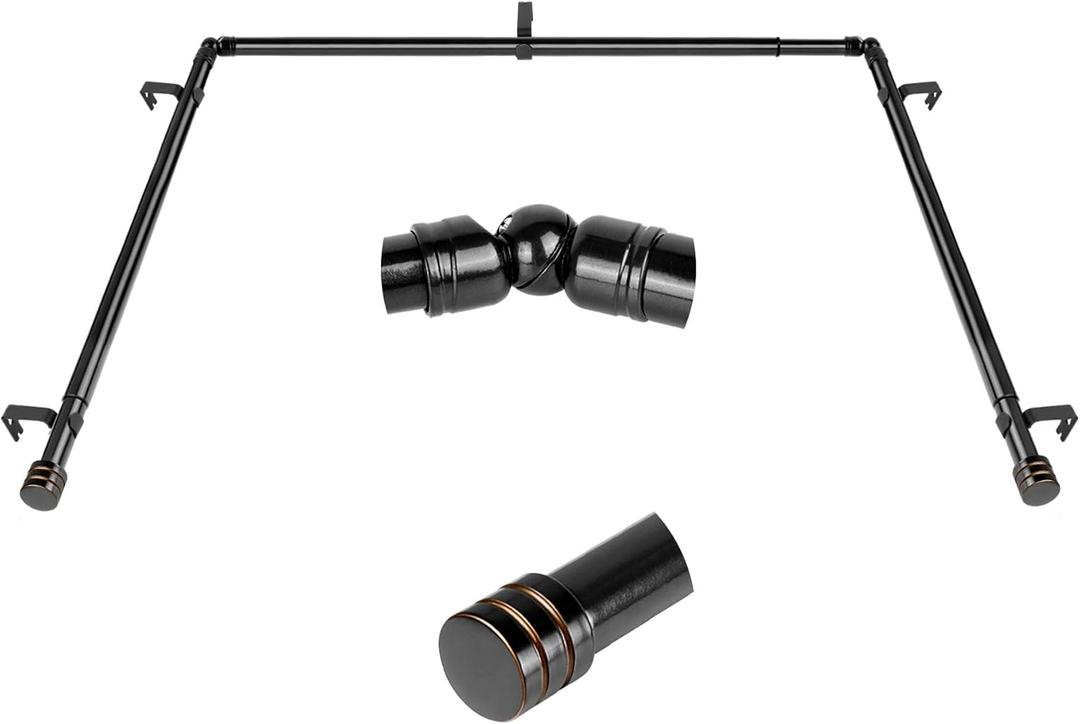 Bay Window Curtain Rods, HOTOZON 1 Inch Heavy Duty Curtain Rods for Bay Windows 36-72 Inch(Center Rod), 20-36 Inch Side Rods for Windows, Decorative Drapery Rods with End Cap Finials, Black