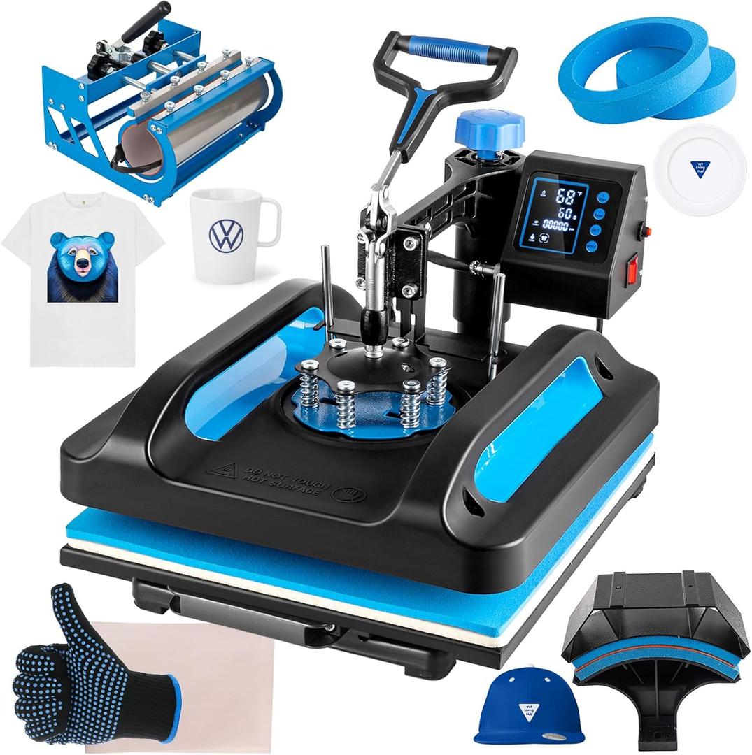 Pro Heat Press 15x15 Inch, 5 in 1 Heat Press Machine with 30 OZ Tumbler Press, Swing Away T Shirt Pressing Machine, Combo Tumbler Heat Press Machine Sublimation for T-Shirt Hat Cap Mug Plate