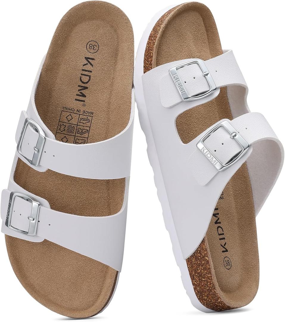 KIDMI Unisex Summer Sandals Arch Support Cork Footbed Slide Sandals with Double Adjustable Buckle for Women Men (7.5 Women/6 Men, White)