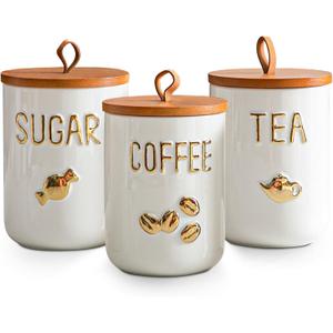 White Ceramic Canister Set for Coffee Tea Sugar, 3-Piece Food Storage Jars with Wood Airtight Lids, Decorative Small Container for Kitchen Pantry Counter - 25oz