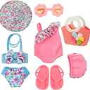 Kajaia 8 Pcs 18 Inch Doll Clothes and Accessories Summer Dolls Swimsuits Beach Playsets Include Doll Swimsuit Bikini Dress Flip Flops Hat Sunglasses Handbag Swim Accessories for 18 Inch Girl Dolls (Pink)