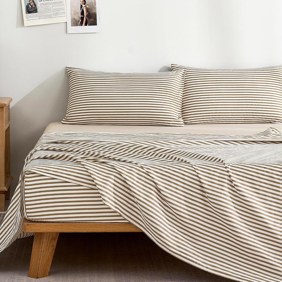 JELLYMONI 100% Cotton Bed Sheets Set  Khaki and White Stripes, Queen Size, Soft Bedding with Deep Pocket Fitted Sheet, Flat Sheet & Pillowcases (1601)