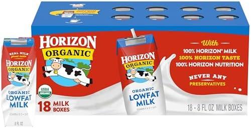 Horizon Organic Shelf Stable 1% Lowfat Milk Boxes, 8 fl oz, 18 Count - 8g Protein per Serving, USDA Organic, Ready to Drink for Lunchbox, Travel, or On-the-Go, No Refrigeration Needed, BEST BY: 03 JUN 2026
