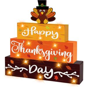 Thanksgiving Decoarations Wooden Block Sign with Led Lights- Happy Thanksgiving Day Turkey Light up Wood Sign for Table Mantle Farmhouse Home Battery Operated Wooden Sign Tabletop Tiered Tray Decor