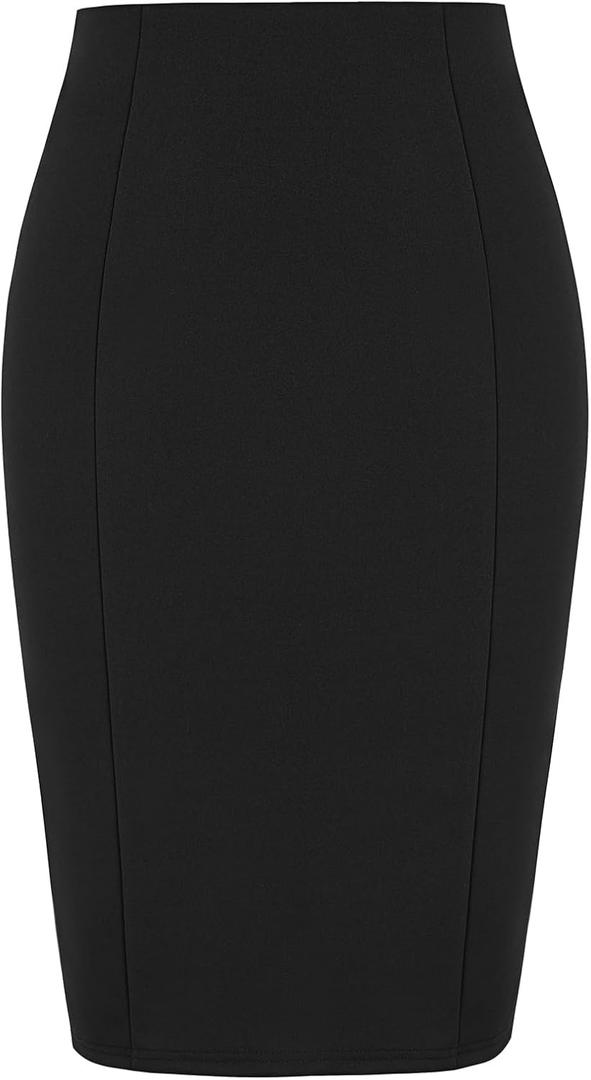 Kate Kasin Womens Knee Length Elastic Waist Stretchy Bodycon Plaid Business Pencil Skirt (Black, M)