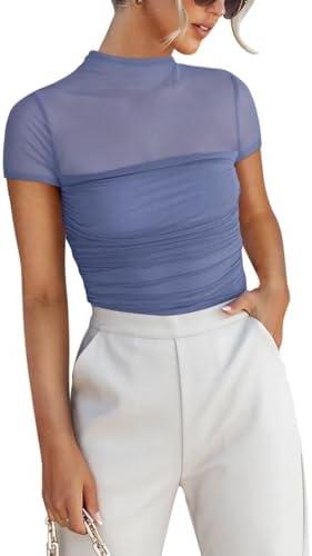 REORIA Women's Sexy Mock Turtle Neck Short Sleeve Shirts Sheer Mesh Ruched Trendy Going Out Bodysuits Tops, M, Blue Nova