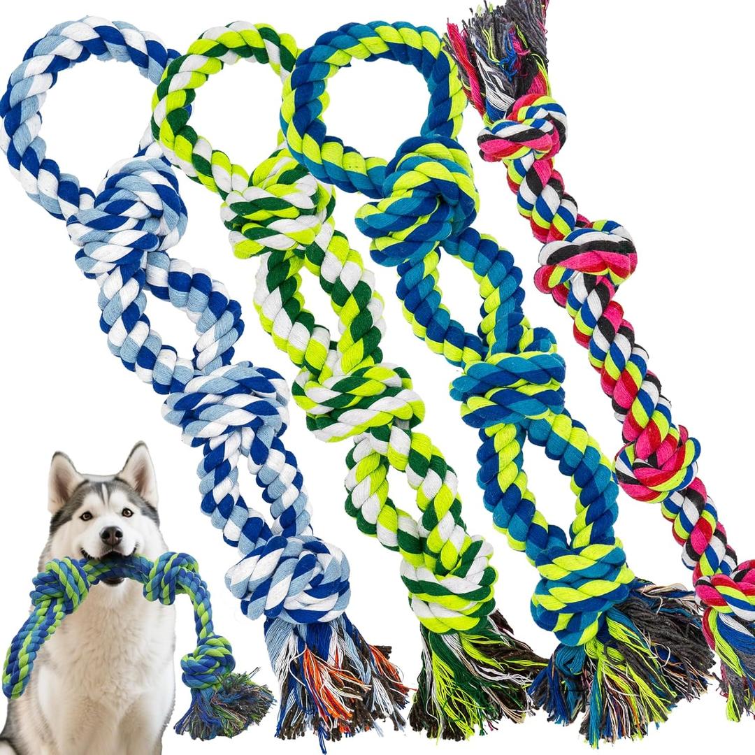 Rocfish [4 Pack] Dog Rope Toys for Aggressive Chewers, Nearly Indestructible Tug of War Toys for Large & Medium Dogs, 100% Cotton, Teeth Cleaning Chew Rope, Heavy Duty Tug of War Dog Toy for Boredom (Multicolour)
